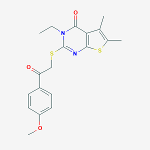 molecular formula C19H20N2O3S2 B484272 3-ethyl-2-{[2-(4-methoxyphenyl)-2-oxoethyl]sulfanyl}-5,6-dimethylthieno[2,3-d]pyrimidin-4(3H)-one CAS No. 667884-65-3