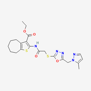 molecular formula C21H25N5O4S2 B4843743 ethyl 2-{[({5-[(5-methyl-1H-pyrazol-1-yl)methyl]-1,3,4-oxadiazol-2-yl}thio)acetyl]amino}-5,6,7,8-tetrahydro-4H-cyclohepta[b]thiophene-3-carboxylate 