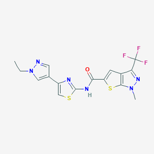 molecular formula C16H13F3N6OS2 B4843915 N-[4-(1-ethyl-1H-pyrazol-4-yl)-1,3-thiazol-2-yl]-1-methyl-3-(trifluoromethyl)-1H-thieno[2,3-c]pyrazole-5-carboxamide 