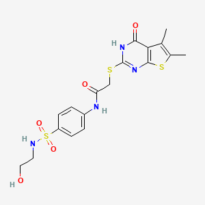 molecular formula C18H20N4O5S3 B4844527 2-[(5,6-dimethyl-4-oxo-3,4-dihydrothieno[2,3-d]pyrimidin-2-yl)thio]-N-(4-{[(2-hydroxyethyl)amino]sulfonyl}phenyl)acetamide 
