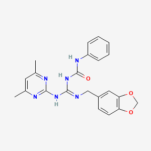 molecular formula C22H22N6O3 B4844608 N-{[(1,3-benzodioxol-5-ylmethyl)amino][(4,6-dimethyl-2-pyrimidinyl)amino]methylene}-N'-phenylurea 