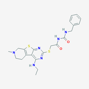 molecular formula C22H26N6O2S2 B484614 N-(Benzylcarbamoyl)-2-[[3-(ethylamino)-11-methyl-8-thia-4,6,11-triazatricyclo[7.4.0.02,7]trideca-1(9),2,4,6-tetraen-5-yl]sulfanyl]acetamide CAS No. 874880-05-4