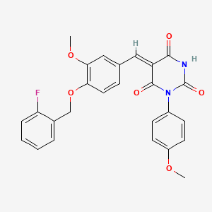 molecular formula C26H21FN2O6 B4846794 5-{4-[(2-fluorobenzyl)oxy]-3-methoxybenzylidene}-1-(4-methoxyphenyl)-2,4,6(1H,3H,5H)-pyrimidinetrione 