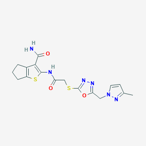 molecular formula C17H18N6O3S2 B4849823 2-{[({5-[(3-methyl-1H-pyrazol-1-yl)methyl]-1,3,4-oxadiazol-2-yl}thio)acetyl]amino}-5,6-dihydro-4H-cyclopenta[b]thiophene-3-carboxamide 
