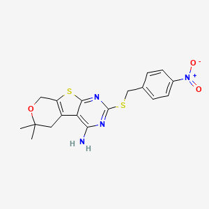 molecular formula C18H18N4O3S2 B4850633 6,6-dimethyl-2-[(4-nitrobenzyl)thio]-5,8-dihydro-6H-pyrano[4',3':4,5]thieno[2,3-d]pyrimidin-4-amine 