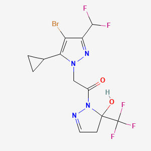 molecular formula C13H12BrF5N4O2 B4851147 1-{[4-bromo-5-cyclopropyl-3-(difluoromethyl)-1H-pyrazol-1-yl]acetyl}-5-(trifluoromethyl)-4,5-dihydro-1H-pyrazol-5-ol 
