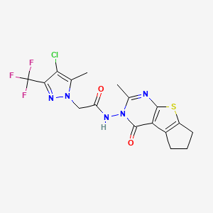 molecular formula C17H15ClF3N5O2S B4852147 2-[4-chloro-5-methyl-3-(trifluoromethyl)-1H-pyrazol-1-yl]-N-(2-methyl-4-oxo-6,7-dihydro-4H-cyclopenta[4,5]thieno[2,3-d]pyrimidin-3(5H)-yl)acetamide 