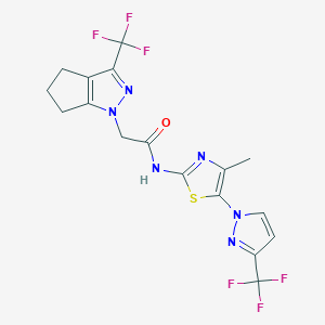 molecular formula C17H14F6N6OS B4853996 N-{4-methyl-5-[3-(trifluoromethyl)-1H-pyrazol-1-yl]-1,3-thiazol-2-yl}-2-[3-(trifluoromethyl)-5,6-dihydrocyclopenta[c]pyrazol-1(4H)-yl]acetamide 