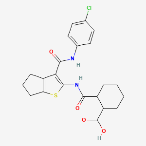 molecular formula C22H23ClN2O4S B4854051 2-{[(3-{[(4-chlorophenyl)amino]carbonyl}-5,6-dihydro-4H-cyclopenta[b]thien-2-yl)amino]carbonyl}cyclohexanecarboxylic acid 