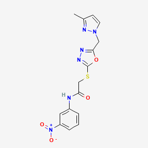 molecular formula C15H14N6O4S B4856227 2-({5-[(3-methyl-1H-pyrazol-1-yl)methyl]-1,3,4-oxadiazol-2-yl}thio)-N-(3-nitrophenyl)acetamide 