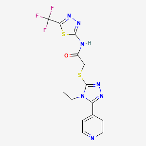 molecular formula C14H12F3N7OS2 B4856350 2-{[4-ethyl-5-(4-pyridinyl)-4H-1,2,4-triazol-3-yl]thio}-N-[5-(trifluoromethyl)-1,3,4-thiadiazol-2-yl]acetamide 
