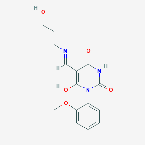 molecular formula C15H17N3O5 B4857032 5-{[(3-hydroxypropyl)amino]methylene}-1-(2-methoxyphenyl)-2,4,6(1H,3H,5H)-pyrimidinetrione 