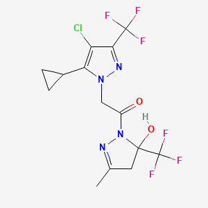 molecular formula C14H13ClF6N4O2 B4858705 2-[4-CHLORO-5-CYCLOPROPYL-3-(TRIFLUOROMETHYL)-1H-PYRAZOL-1-YL]-1-[5-HYDROXY-3-METHYL-5-(TRIFLUOROMETHYL)-4,5-DIHYDRO-1H-PYRAZOL-1-YL]-1-ETHANONE 