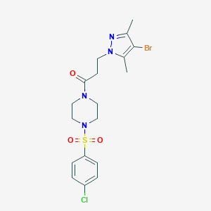 molecular formula C18H22BrClN4O3S B486079 1-[3-(4-bromo-3,5-dimethyl-1H-pyrazol-1-yl)propanoyl]-4-[(4-chlorophenyl)sulfonyl]piperazine CAS No. 890596-29-9