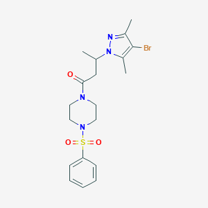 molecular formula C19H25BrN4O3S B486082 1-[3-(4-bromo-3,5-dimethyl-1H-pyrazol-1-yl)butanoyl]-4-(phenylsulfonyl)piperazine CAS No. 890596-44-8