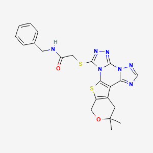 N-benzyl-2-[(15,15-dimethyl-16-oxa-19-thia-2,4,5,7,8,10-hexazapentacyclo[10.7.0.02,6.07,11.013,18]nonadeca-1(12),3,5,8,10,13(18)-hexaen-3-yl)sulfanyl]acetamide