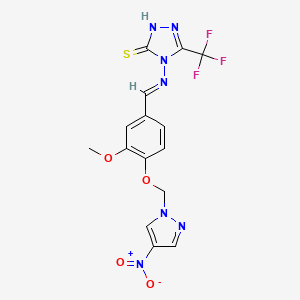 4-[((E)-1-{3-METHOXY-4-[(4-NITRO-1H-PYRAZOL-1-YL)METHOXY]PHENYL}METHYLIDENE)AMINO]-5-(TRIFLUOROMETHYL)-4H-1,2,4-TRIAZOL-3-YLHYDROSULFIDE