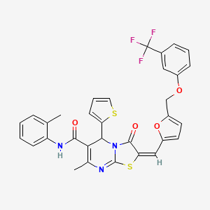 (2E)-7-methyl-N-(2-methylphenyl)-3-oxo-5-(thiophen-2-yl)-2-[(5-{[3-(trifluoromethyl)phenoxy]methyl}furan-2-yl)methylidene]-2,3-dihydro-5H-[1,3]thiazolo[3,2-a]pyrimidine-6-carboxamide