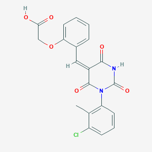 molecular formula C20H15ClN2O6 B4863787 2-[2-[(E)-[1-(3-chloro-2-methylphenyl)-2,4,6-trioxo-1,3-diazinan-5-ylidene]methyl]phenoxy]acetic acid 