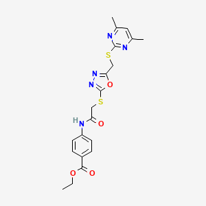 molecular formula C20H21N5O4S2 B4864124 Ethyl 4-({[(5-{[(4,6-dimethylpyrimidin-2-yl)sulfanyl]methyl}-1,3,4-oxadiazol-2-yl)sulfanyl]acetyl}amino)benzoate 