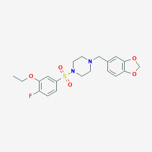 molecular formula C20H23FN2O5S B486593 1-(1,3-Benzodioxol-5-ylmethyl)-4-[(3-ethoxy-4-fluorophenyl)sulfonyl]piperazine CAS No. 727420-54-4