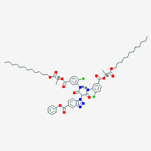 molecular formula C60H75Cl2N5O12 B048692 1H-Benzotriazole-5-carboxylic acid, (2-((2-chloro-5-((2-(dodecyloxy)-1-methyl-2-oxoethoxy)carbonyl)phenyl)amino)-1-(((2-chloro-5-((2-(dodecyloxy)-1-methyl-2-oxoethoxy)carbonyl)phenyl)amino)carbonyl)-2-oxoethyl)-, phenyl ester CAS No. 111631-52-8