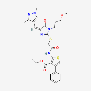 ETHYL 2-[(2-{[4-[(E)-1-(1,3-DIMETHYL-1H-PYRAZOL-4-YL)METHYLIDENE]-1-(3-METHOXYPROPYL)-5-OXO-4,5-DIHYDRO-1H-IMIDAZOL-2-YL]SULFANYL}ACETYL)AMINO]-4-PHENYL-3-THIOPHENECARBOXYLATE