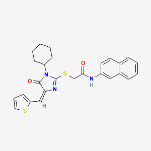 2-({1-CYCLOHEXYL-5-OXO-4-[(E)-1-(2-THIENYL)METHYLIDENE]-4,5-DIHYDRO-1H-IMIDAZOL-2-YL}SULFANYL)-N-(2-NAPHTHYL)ACETAMIDE