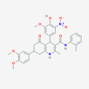 molecular formula C33H33N3O8 B4875175 7-(3,4-dimethoxyphenyl)-4-(4-hydroxy-3-methoxy-5-nitrophenyl)-2-methyl-N-(2-methylphenyl)-5-oxo-1,4,5,6,7,8-hexahydro-3-quinolinecarboxamide 