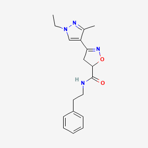 molecular formula C18H22N4O2 B4877399 3-(1-ethyl-3-methyl-1H-pyrazol-4-yl)-N-(2-phenylethyl)-4,5-dihydro-5-isoxazolecarboxamide 