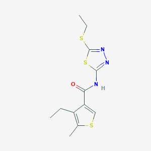 molecular formula C12H15N3OS3 B4877802 4-ethyl-N-[5-(ethylthio)-1,3,4-thiadiazol-2-yl]-5-methyl-3-thiophenecarboxamide 