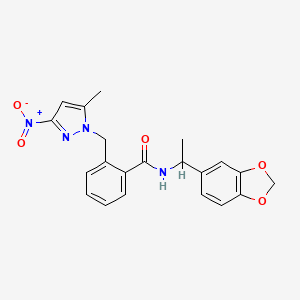 molecular formula C21H20N4O5 B4878117 N-[1-(1,3-benzodioxol-5-yl)ethyl]-2-[(5-methyl-3-nitro-1H-pyrazol-1-yl)methyl]benzamide 