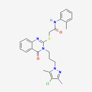 molecular formula C25H26ClN5O2S B4878208 2-({3-[3-(4-chloro-3,5-dimethyl-1H-pyrazol-1-yl)propyl]-4-oxo-3,4-dihydro-2-quinazolinyl}thio)-N-(2-methylphenyl)acetamide 