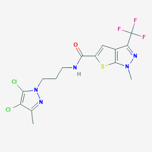 molecular formula C15H14Cl2F3N5OS B4878911 N-[3-(4,5-dichloro-3-methyl-1H-pyrazol-1-yl)propyl]-1-methyl-3-(trifluoromethyl)-1H-thieno[2,3-c]pyrazole-5-carboxamide 