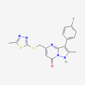 molecular formula C17H14FN5OS2 B4879503 3-(4-fluorophenyl)-2-methyl-5-{[(5-methyl-1,3,4-thiadiazol-2-yl)thio]methyl}pyrazolo[1,5-a]pyrimidin-7(4H)-one 