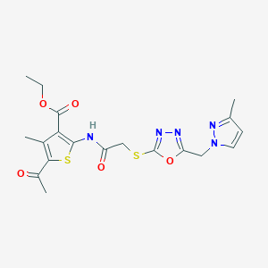 molecular formula C19H21N5O5S2 B4879506 ethyl 5-acetyl-4-methyl-2-{[({5-[(3-methyl-1H-pyrazol-1-yl)methyl]-1,3,4-oxadiazol-2-yl}thio)acetyl]amino}-3-thiophenecarboxylate 