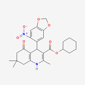molecular formula C26H30N2O7 B4884385 cyclohexyl 2,7,7-trimethyl-4-(6-nitro-1,3-benzodioxol-5-yl)-5-oxo-1,4,5,6,7,8-hexahydro-3-quinolinecarboxylate 