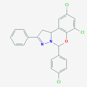 molecular formula C22H15Cl3N2O B488480 7,9-Dichloro-5-(4-chlorophenyl)-2-phenyl-1,10b-dihydropyrazolo[1,5-c][1,3]benzoxazine CAS No. 302913-77-5