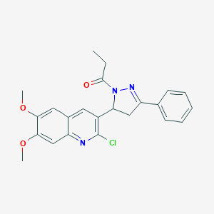 molecular formula C23H22ClN3O3 B488516 2-chloro-6,7-dimethoxy-3-(3-phenyl-1-propionyl-4,5-dihydro-1H-pyrazol-5-yl)quinoline CAS No. 667898-79-5
