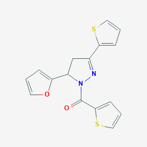 molecular formula C16H12N2O2S2 B488524 (5-(furan-2-yl)-3-(thiophen-2-yl)-4,5-dihydro-1H-pyrazol-1-yl)(thiophen-2-yl)methanone CAS No. 438481-90-4