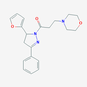 molecular formula C20H23N3O3 B488527 1-(5-(furan-2-yl)-3-phenyl-4,5-dihydro-1H-pyrazol-1-yl)-3-morpholinopropan-1-one CAS No. 500268-82-6