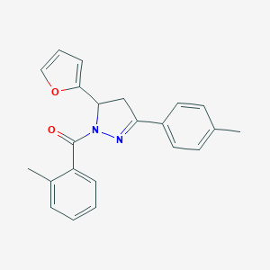 molecular formula C22H20N2O2 B488529 5-(2-furyl)-1-(2-methylbenzoyl)-3-(4-methylphenyl)-4,5-dihydro-1H-pyrazole CAS No. 724437-41-6