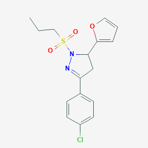 molecular formula C16H17ClN2O3S B488533 3-(4-氯苯基)-5-(2-呋喃基)-1-(丙磺酰基)-4,5-二氢-1H-吡唑 CAS No. 667898-84-2