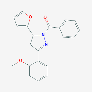 molecular formula C21H18N2O3 B488540 2-[1-benzoyl-5-(2-furyl)-4,5-dihydro-1H-pyrazol-3-yl]phenyl methyl ether CAS No. 438482-02-1