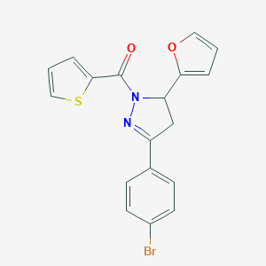 molecular formula C18H13BrN2O2S B488547 (3-(4-bromophenyl)-5-(furan-2-yl)-4,5-dihydro-1H-pyrazol-1-yl)(thiophen-2-yl)methanone CAS No. 667898-91-1