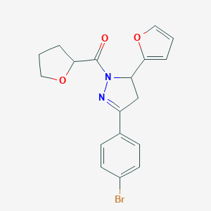 molecular formula C18H17BrN2O3 B488548 3-(4-bromophenyl)-5-(2-furyl)-1-(tetrahydro-2-furanylcarbonyl)-4,5-dihydro-1H-pyrazole CAS No. 724437-43-8