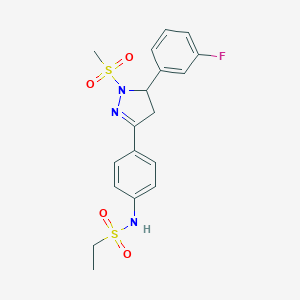 molecular formula C18H20FN3O4S2 B488611 N-(4-(5-(3-fluorophenyl)-1-(methylsulfonyl)-4,5-dihydro-1H-pyrazol-3-yl)phenyl)ethanesulfonamide CAS No. 714263-27-1