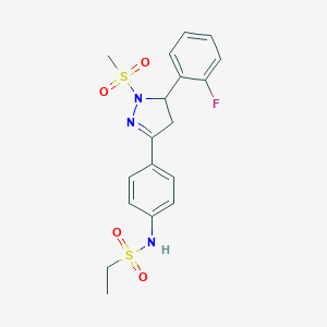 molecular formula C18H20FN3O4S2 B488612 N-(4-(5-(2-fluorophenyl)-1-(methylsulfonyl)-4,5-dihydro-1H-pyrazol-3-yl)phenyl)ethanesulfonamide CAS No. 724437-76-7