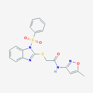 molecular formula C19H16N4O4S2 B488768 N-(5-methyl-3-isoxazolyl)-2-{[1-(phenylsulfonyl)-1H-benzimidazol-2-yl]sulfanyl}acetamide CAS No. 727386-17-6