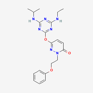molecular formula C20H25N7O3 B4890998 6-{[4-(ethylamino)-6-(isopropylamino)-1,3,5-triazin-2-yl]oxy}-2-(2-phenoxyethyl)-3(2H)-pyridazinone 